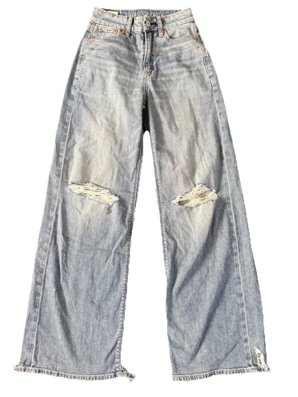 American Eagle High Rise NWOT Distressed Knees Wide Leg Jeans Stretch Size 000